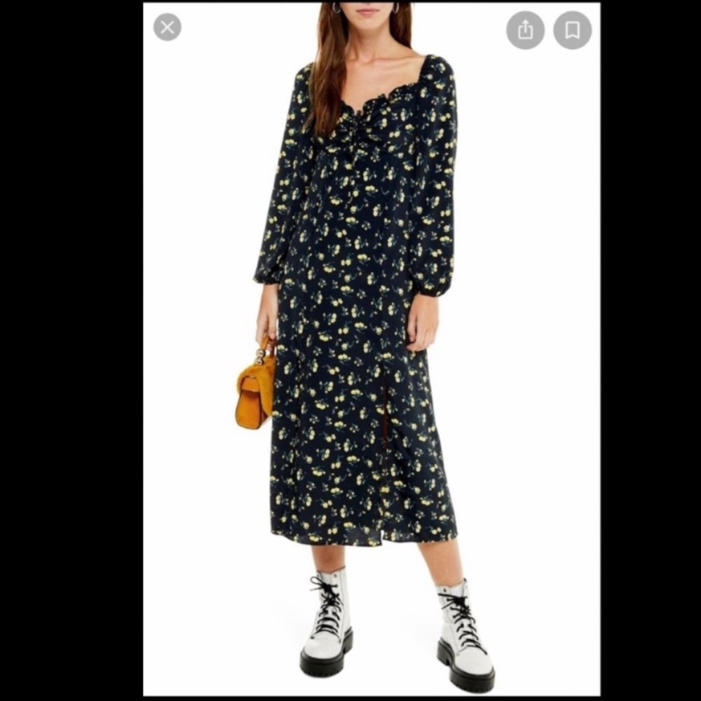 Topshop Midi Dress. Long Sleeves w/ Florals. Size US 6. Yellow, Black & Green.
